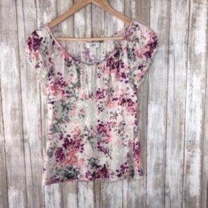 LOFT Floral Scoop Neck Top Gray Pink Cap Sleeve Blouse Small